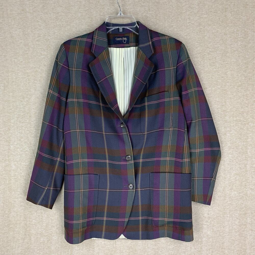 Vintage Country Shop Blazer Womens 4 Purple Plaid Tartan Preppy Academia Money